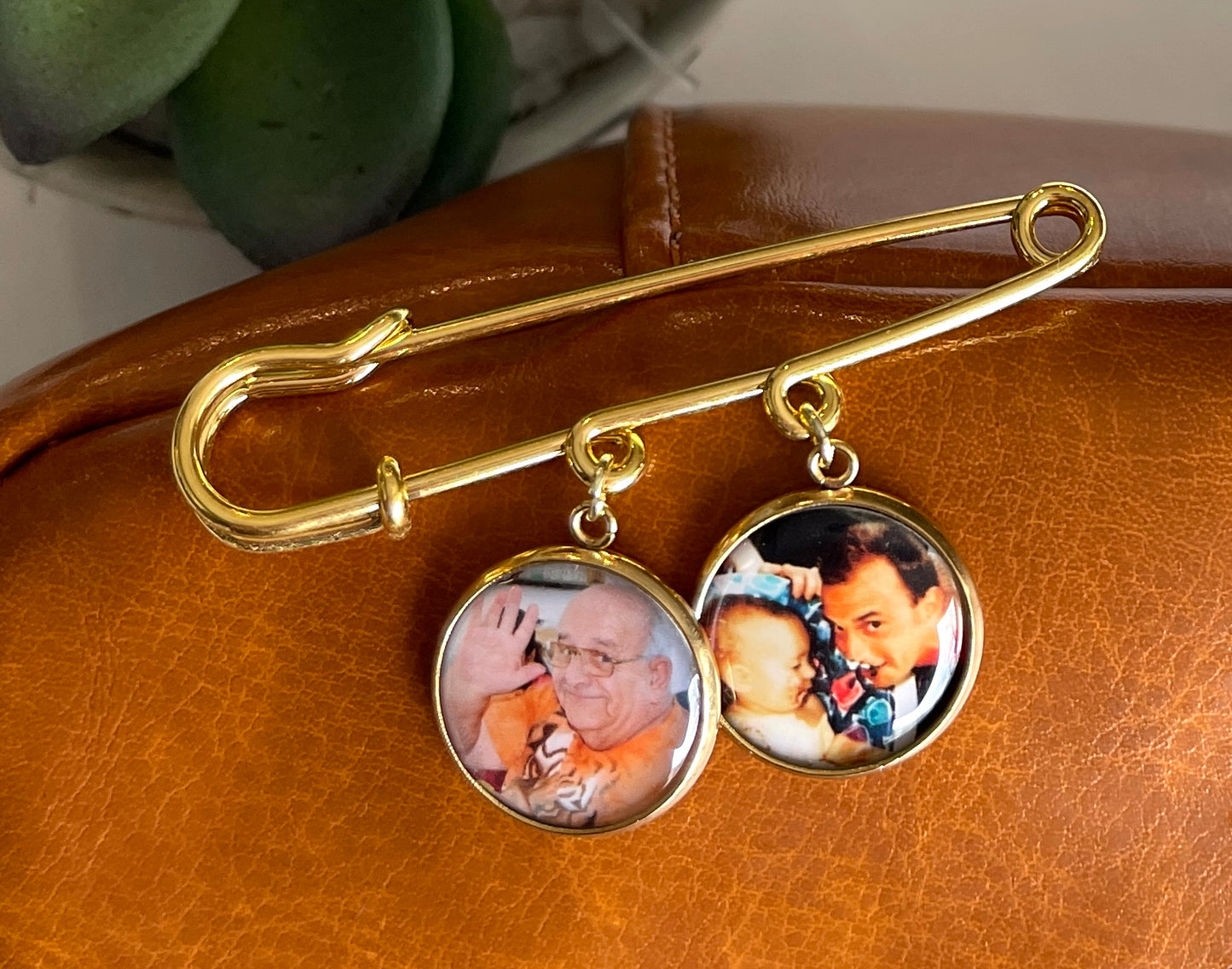 Gold Groom Lapel Pin with 2 photo charms of 2 memorial pictures