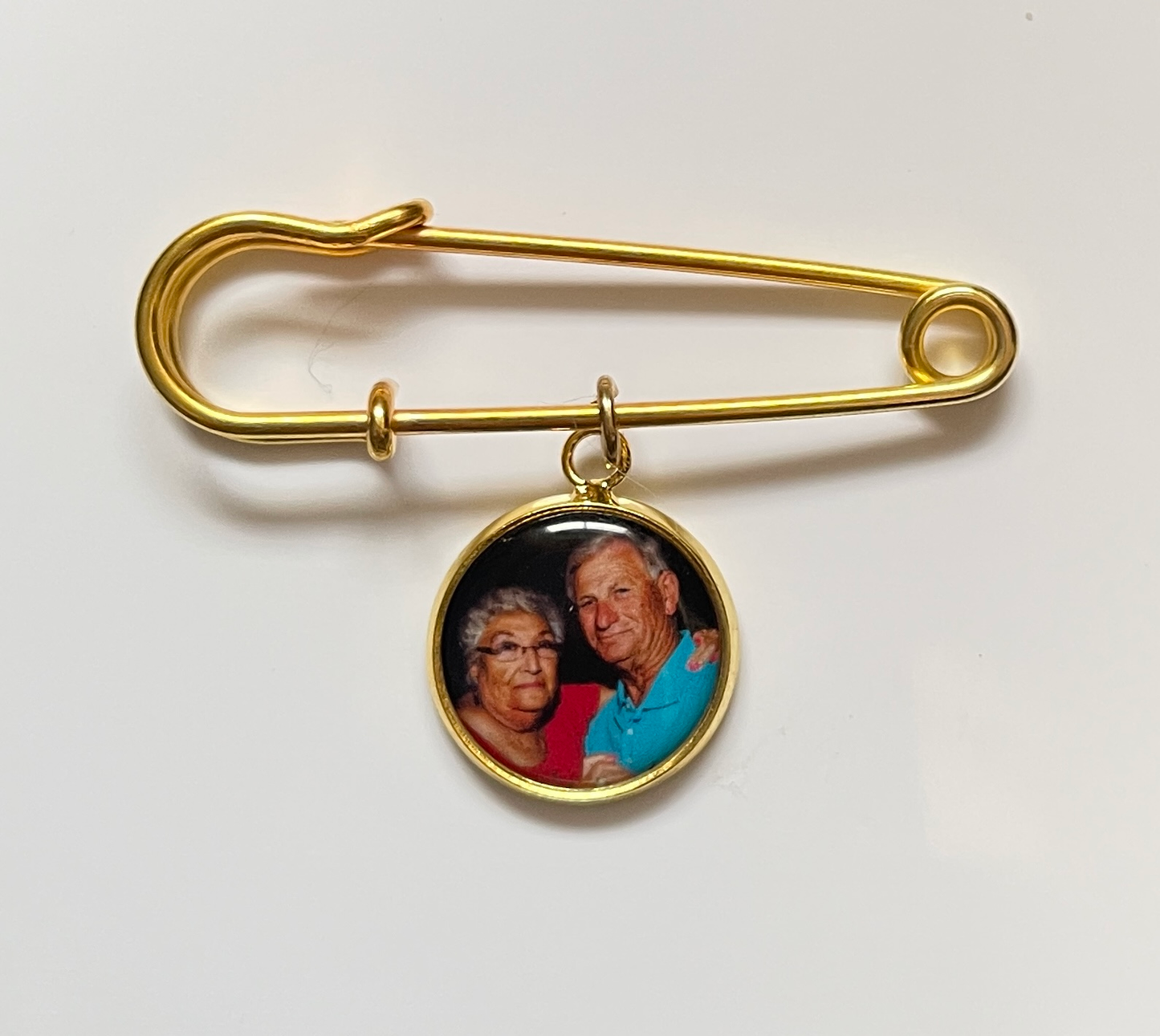 Gold Groom Lapel Pin with photo charm of memorial picture