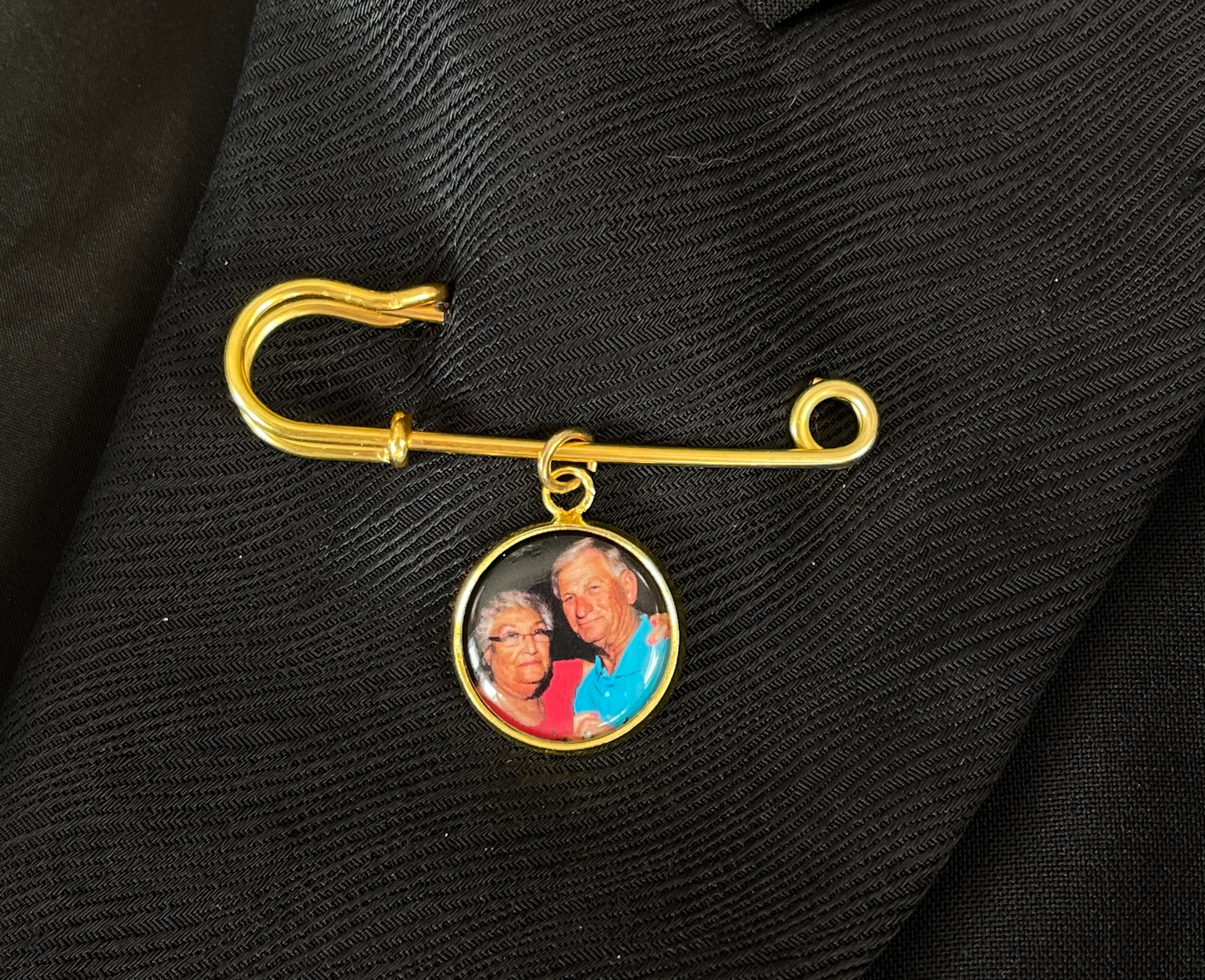 Gold Groom Lapel Pin with photo charm of memorial picture