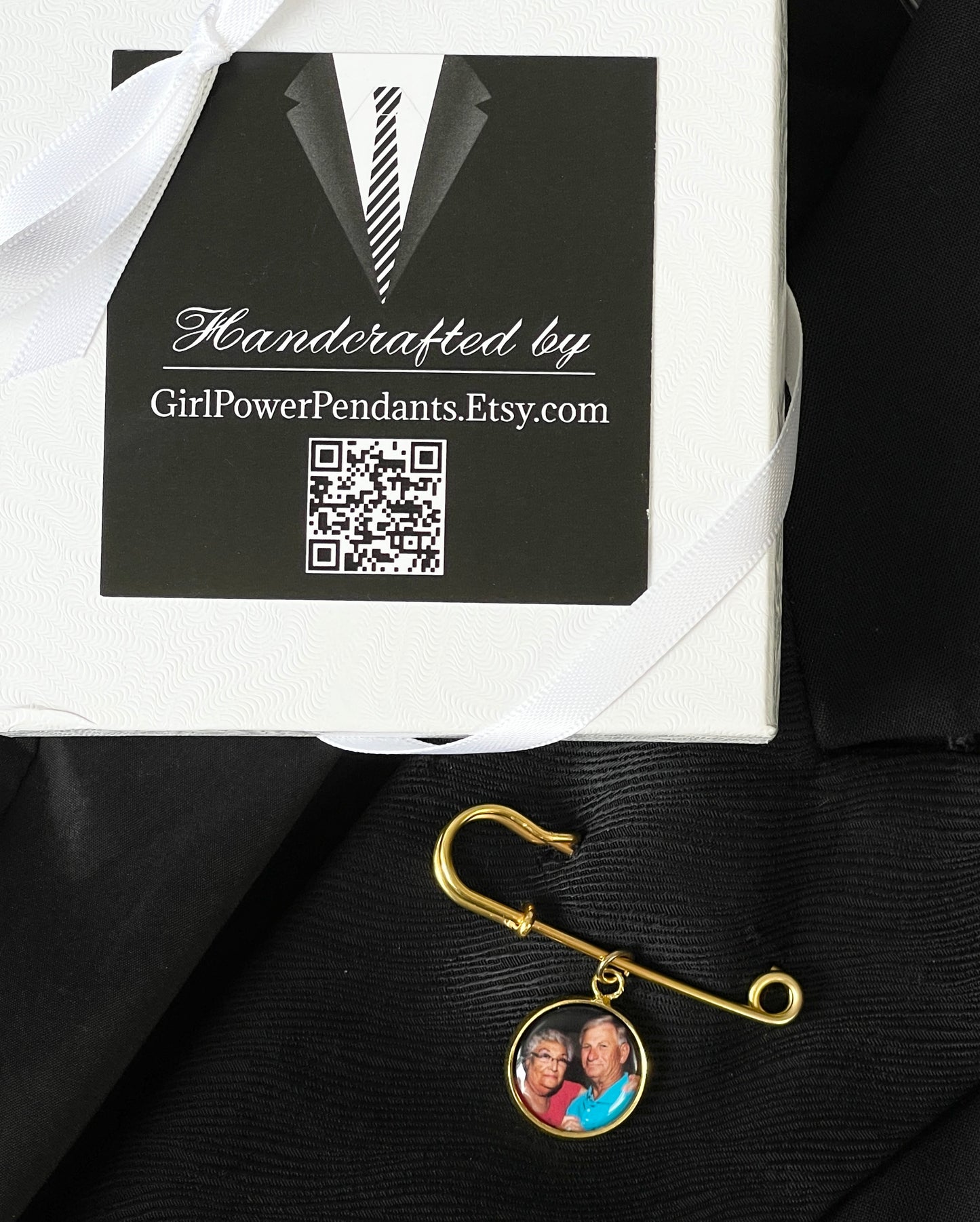 Gold Groom Lapel Pin with photo charm of memorial picture